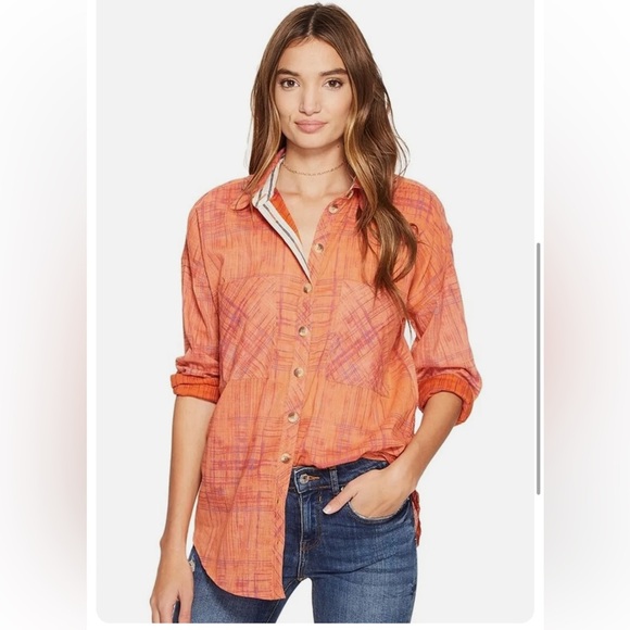 Free People Shore Vibes Button Down Shirt Flannel Coral Orange Plaid Small Boho - Picture 1 of 8